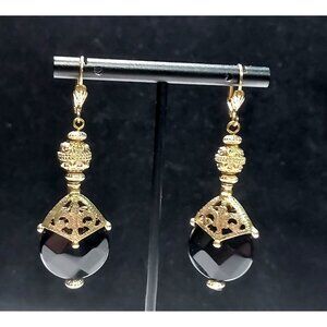 Stunning Black Agate Gold Tone Drop Dangle Swivel 2 1/2" Earrings